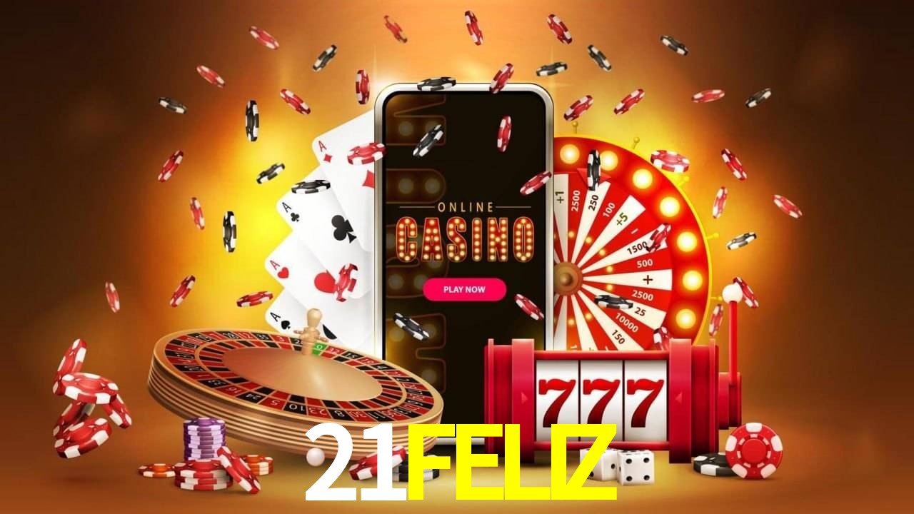 Una escena digital vívida inspirada en casino con 21FELIZ mostrado prominentemente, luces brillantes, fichas, cartas y acentos dorados.